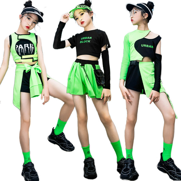 キッズダンス衣装 女の子 ヒップホップ へそ出し トップス 緑 K-POP 可愛い スカートキッズ ベビー マタニティ キッズファッション 体操